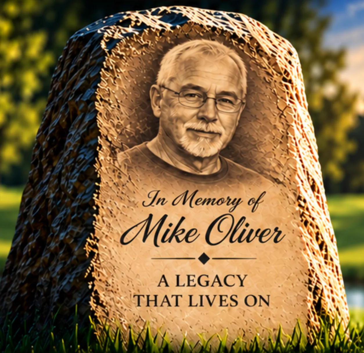 A memorial stone on a golf course engraved with a portrait of Mike Oliver and the words In Memory of Mike Oliver, A Legacy That Lives On